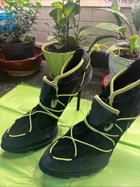 DKNY Black and Neon Green Mesh Lace-Up Stiletto Booties